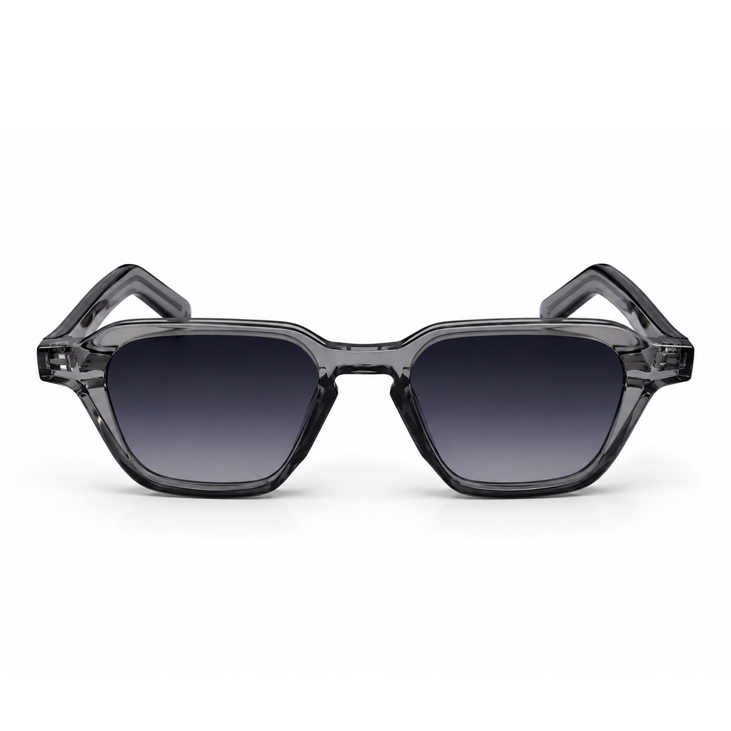 Sunglasses with a transparent frame and dark lenses on a white background