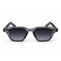 Sunglasses with a transparent frame and dark lenses on a white background