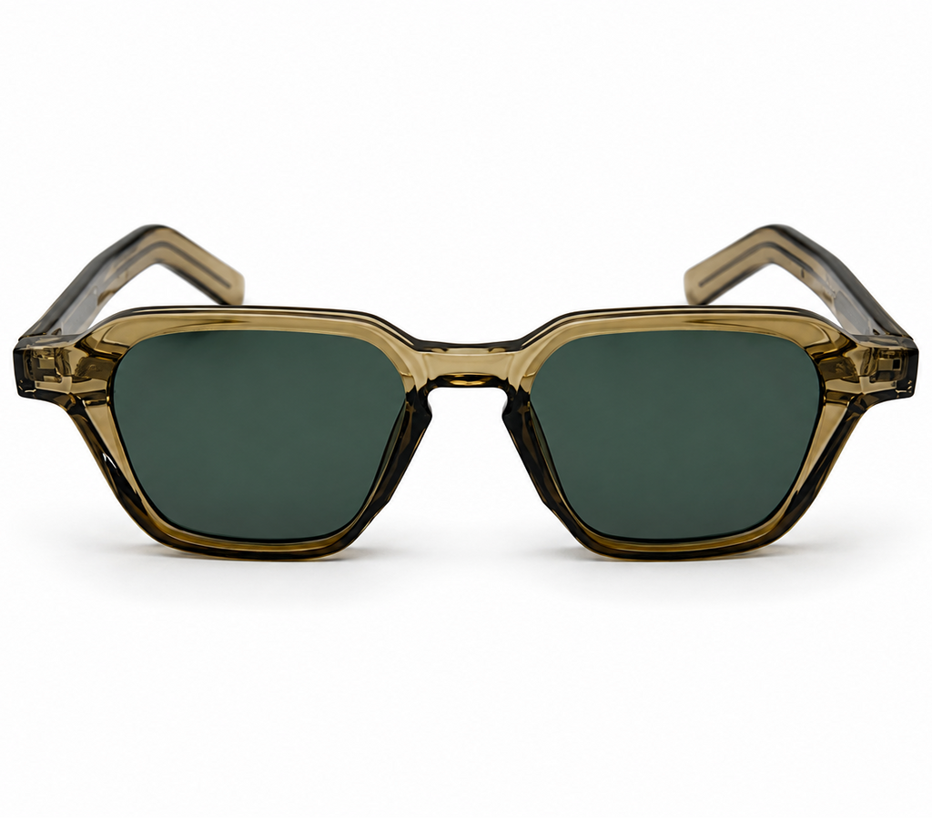 Sunglasses with a brown frame and green lenses on a white background
