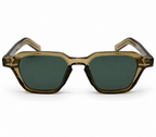 Sunglasses with a brown frame and green lenses on a white background