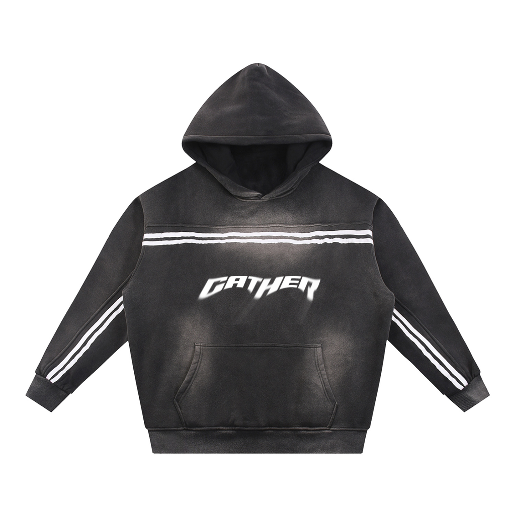 Black hoodie with white stripes and 'Gather' logo on a white background