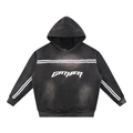 Black hoodie with white stripes and 'Gather' logo on a white background