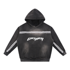 Black hoodie with white stripes and 'Gather' logo on a white background